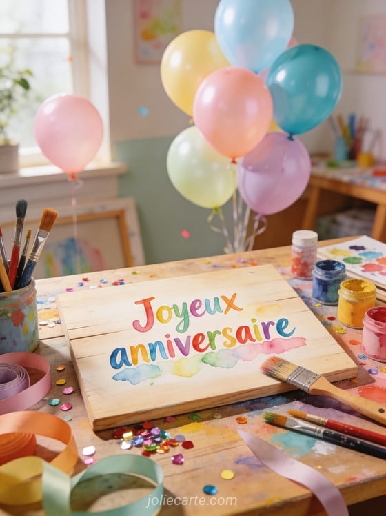 Atelier créatif coloré avec pinceaux, peinture, rubans et paillettes sur table en bois avec ballons pastel et lumière naturelle