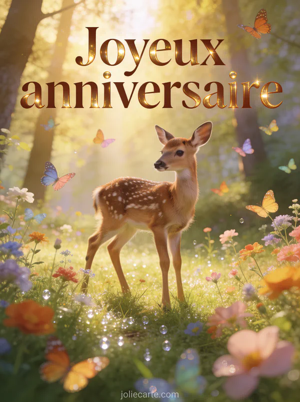 Illustration réaliste d'un jeune faon gracieux dans une clairière avec fleurs sauvages, lumière dorée, papillons et rosée scintillante