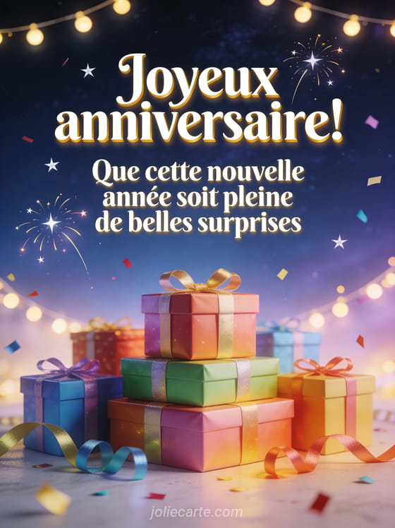Boîtes cadeaux colorées empilées avec rubans brillants, étoiles filantes dans un ciel nocturne, guirlandes lumineuses et confettis festifs