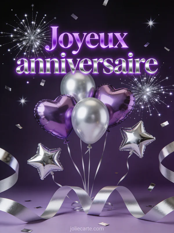Lettres violettes et argentées joyeux anniversaire avec ballons en coeur et étoile, rubans brillants et confettis métalliques sur fond violet