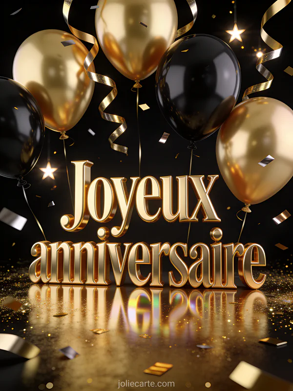 Ballons dorés et noirs avec streamers brillants et confettis métalliques sur fond noir profond avec éclats dorés et lumières en étoile