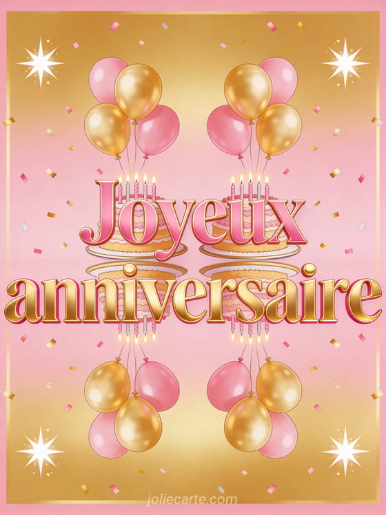 Lettres roses et dorées symétriques joyeux anniversaire avec deux gâteaux identiques, ballons par paires et étoiles jumelles scintillantes