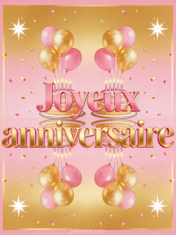 Lettres roses et dorées symétriques joyeux anniversaire avec deux gâteaux identiques, ballons par paires et étoiles jumelles scintillantes