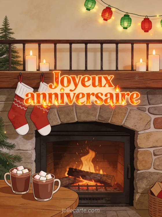 Feu de bois crépitant dans une cheminée rustique en pierre avec bougies allumées, guirlande lumineuse et tasses de chocolat chaud