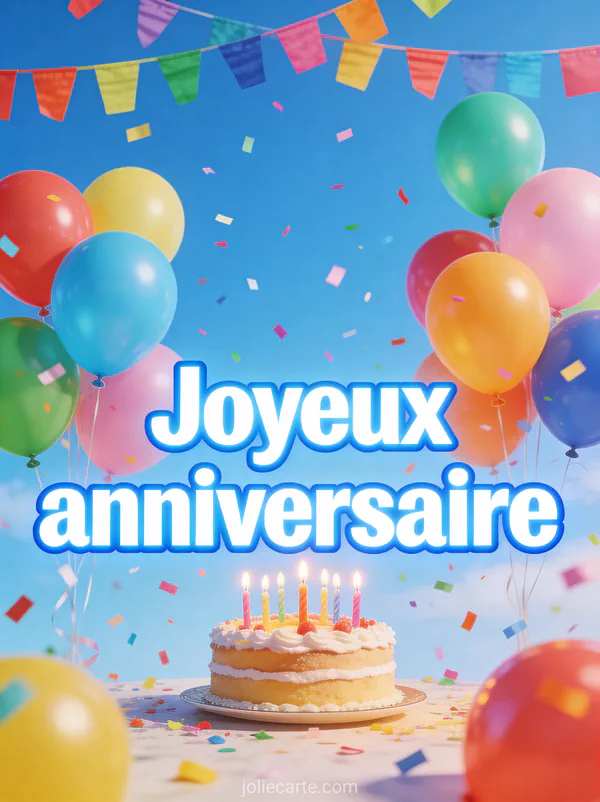 Ballons multicolores avec confettis colorés, gâteau avec bougies allumées et guirlandes fanions multicolores sur fond bleu ciel lumineux