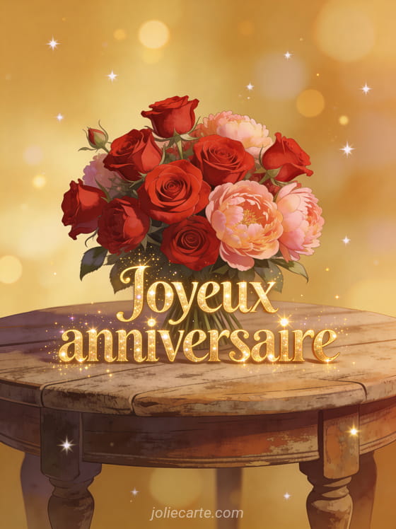 Bouquet de roses rouges et pivoines sur une table en bois vintage avec le texte Joyeux anniversaire en lettres dorées scintillantes