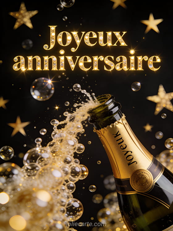 Bouteille de champagne ouverte avec un jaillissement doré et des bulles sur fond noir étoilé avec le texte Joyeux anniversaire