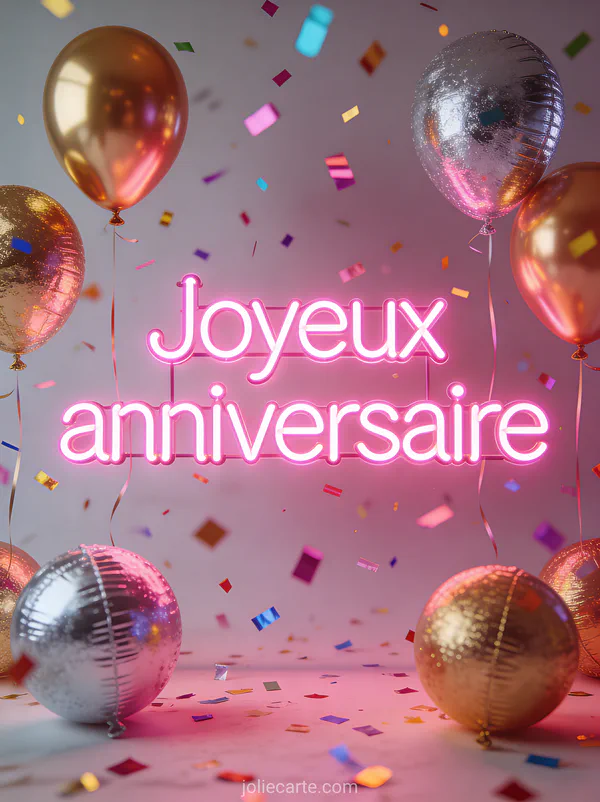 Lettres lumineuses néon rose Joyeux anniversaire avec confettis colorés et ballons dorés et argentés flottants