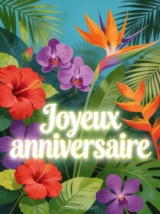 Composition de fleurs exotiques hibiscus rouges orchidées violettes et oiseaux de paradis orange avec le texte Joyeux anniversaire
