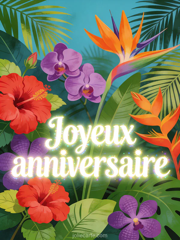 Composition de fleurs exotiques hibiscus rouges orchidées violettes et oiseaux de paradis orange avec le texte Joyeux anniversaire