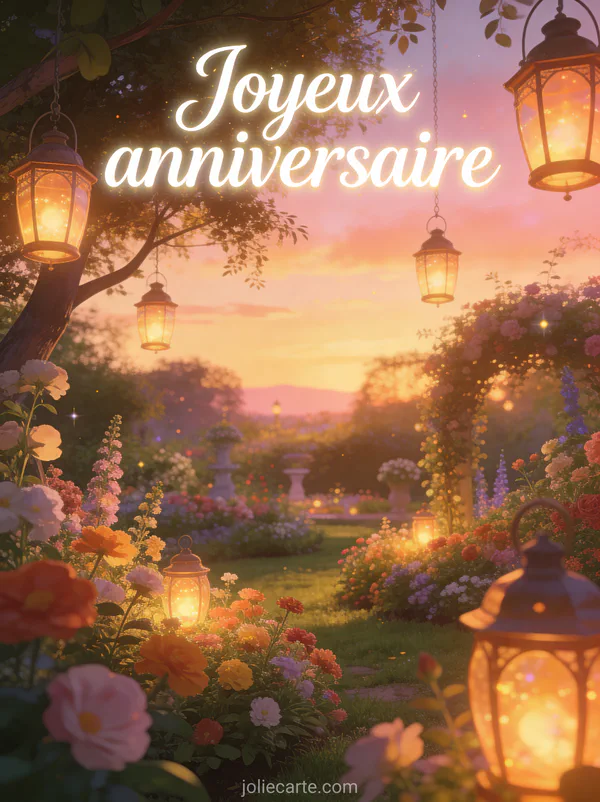Jardin fleuri enchanteur au coucher du soleil avec lanternes suspendues illuminées et le texte Joyeux anniversaire en calligraphie blanche