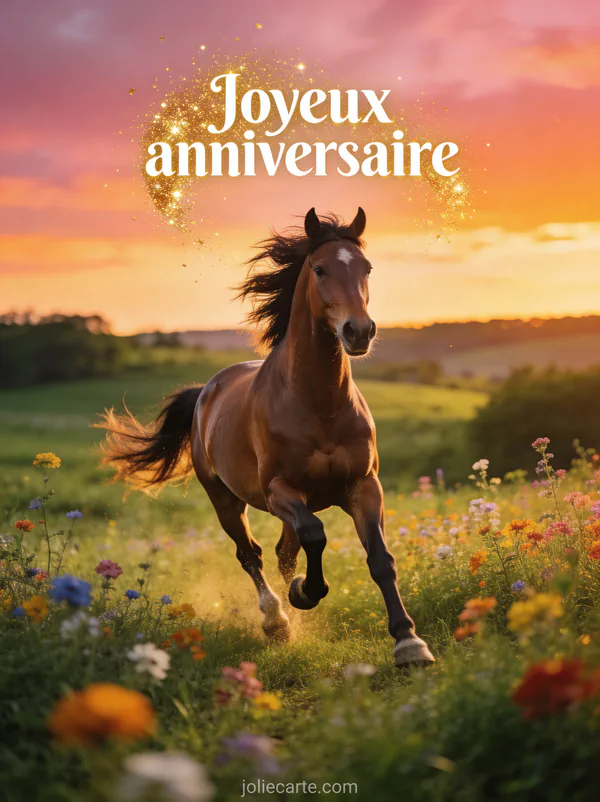 Magnifique cheval brun galopant dans un pré fleuri au coucher du soleil avec le texte Joyeux anniversaire
