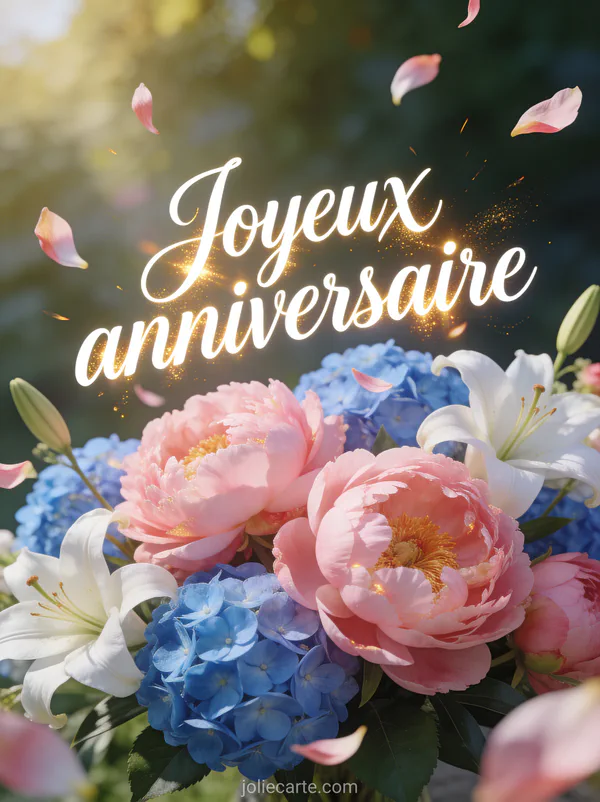 Composition florale de pivoines roses, hortensias bleus et lys blancs avec pétales volants et le texte Joyeux anniversaire en cursive blanche