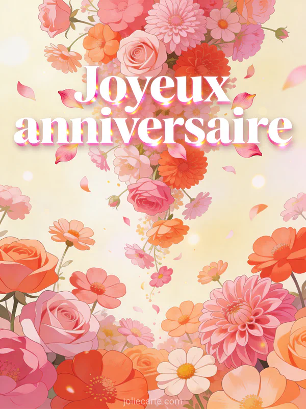 Cascade de fleurs roses dahlias et renoncules tombant sur fond crème lumineux avec le texte Joyeux anniversaire