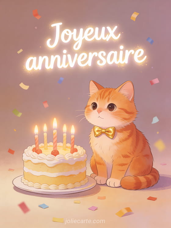 Chat roux avec noeud papillon doré assis à côté d'un gâteau d'anniversaire avec bougies allumées et confettis colorés