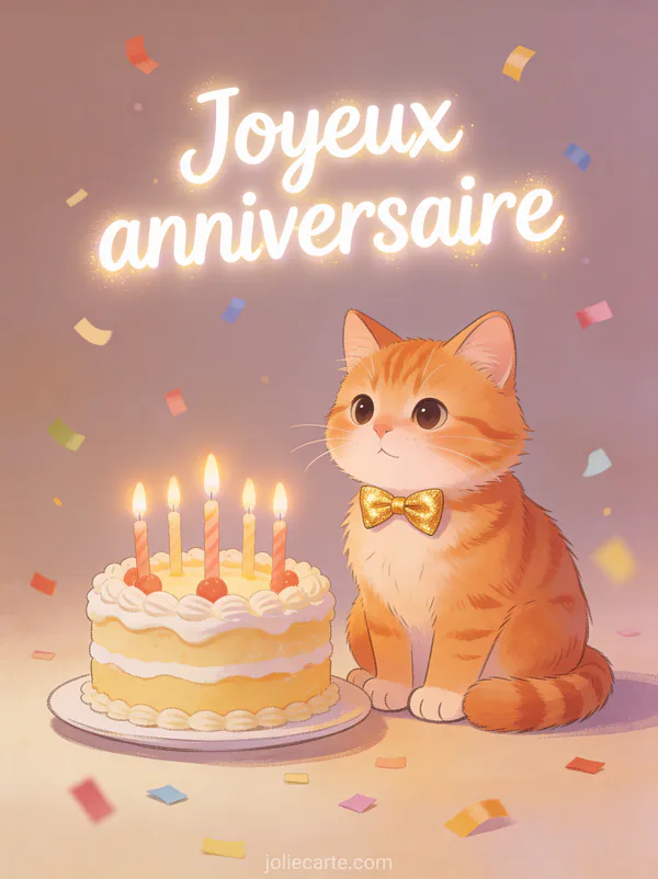 Chat roux avec noeud papillon doré assis à côté d'un gâteau d'anniversaire avec bougies allumées et confettis colorés
