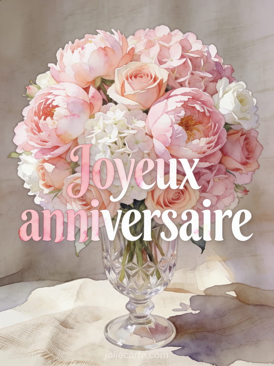 Grand bouquet rond de pivoines roses et hortensias dans un vase en cristal sur fond de tissu en lin avec le texte Joyeux anniversaire