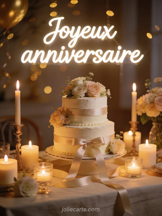 Table festive décorée avec gâteau élégant à étages, bougies, rubans et fleurs fraîches avec le texte Joyeux anniversaire
