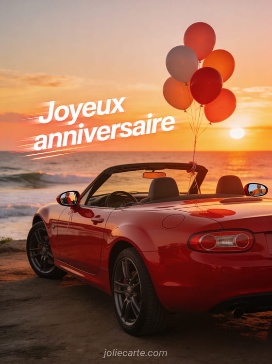 Voiture de sport rouge décapotable garée devant un coucher de soleil en bord de mer avec ballons et le texte Joyeux anniversaire