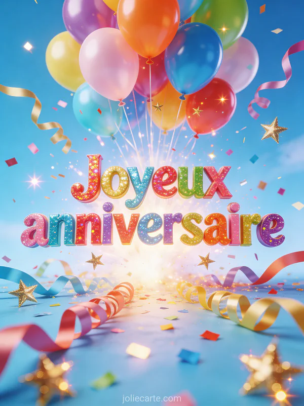 Explosion festive de ballons multicolores, serpentins, étoiles dorées et confettis sur fond bleu ciel avec le texte Joyeux anniversaire