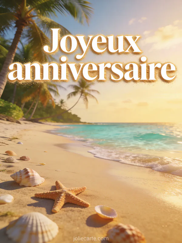 Plage tropicale avec sable fin cocotiers eau turquoise et coquillages dans la lumière dorée avec le texte Joyeux anniversaire