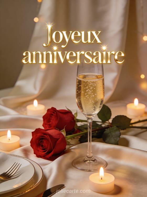 Coupe de champagne pétillante avec roses rouges et bougies sur nappe en soie avec le texte Joyeux anniversaire en lettres dorées