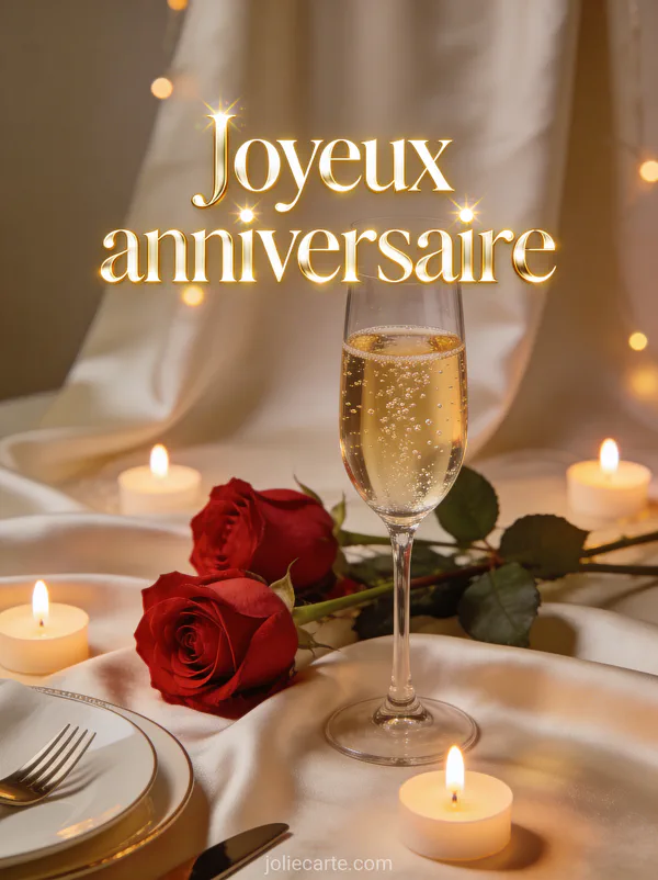 Coupe de champagne pétillante avec roses rouges et bougies sur nappe en soie avec le texte Joyeux anniversaire en lettres dorées