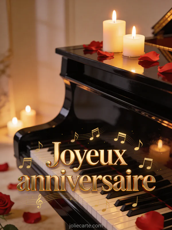 Piano à queue noir brillant avec des bougies allumées et des notes de musique dorées sur fond tamisé avec le texte Joyeux anniversaire
