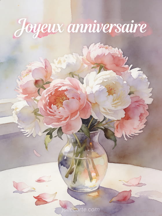 Bouquet de pivoines roses et blanches dans un vase en verre avec pétales éparpillés et lumière douce matinale