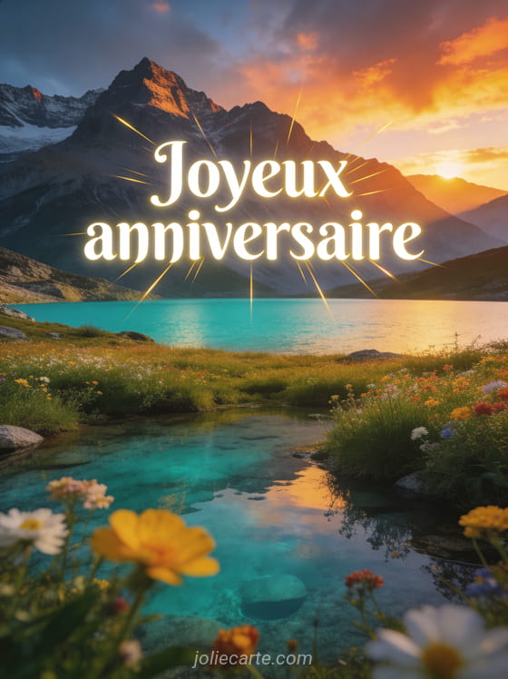 Paysage grandiose de montagne avec lac turquoise et prairie fleurie au coucher du soleil avec le texte Joyeux anniversaire