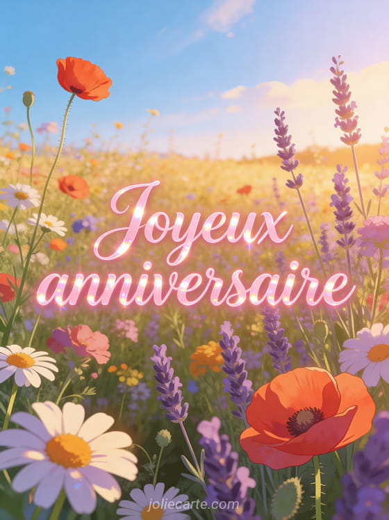 Champ de coquelicots, marguerites et lavande sous un ciel bleu avec le texte Joyeux anniversaire en lettres cursives roses