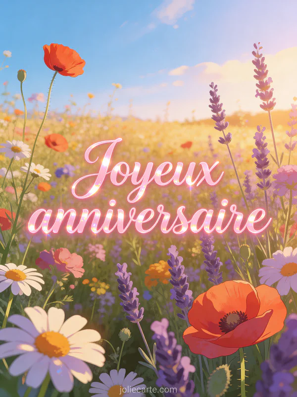 Champ de coquelicots, marguerites et lavande sous un ciel bleu avec le texte Joyeux anniversaire en lettres cursives roses