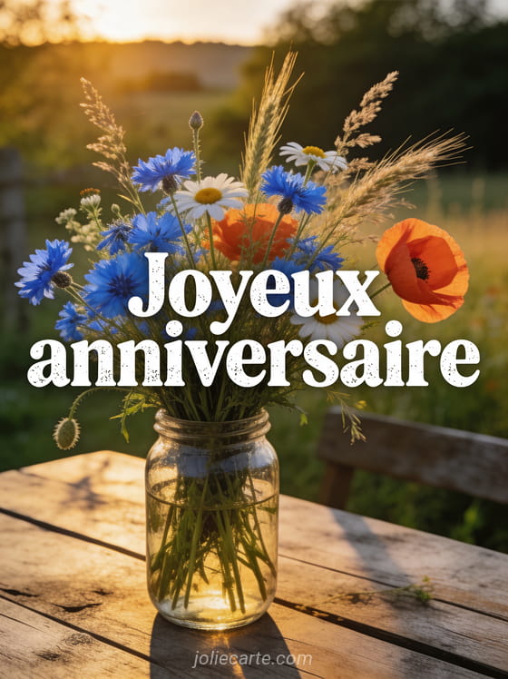 Bouquet sauvage de bleuets coquelicots et marguerites dans un bocal en verre sur table en bois rustique avec le texte Joyeux anniversaire