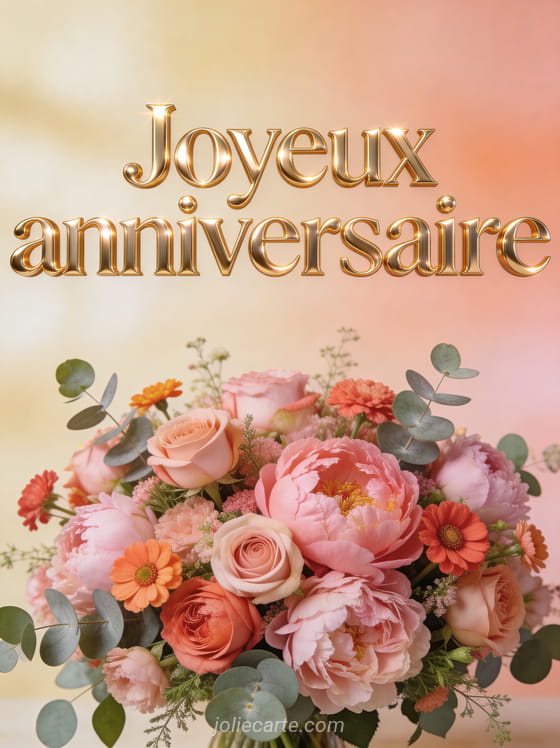 Gros bouquet opulent de roses, pivoines, renoncules et eucalyptus dans les tons roses et corail sur fond crème et pêche