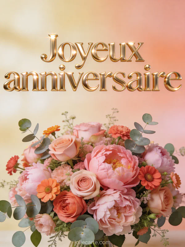 Gros bouquet opulent de roses, pivoines, renoncules et eucalyptus dans les tons roses et corail sur fond crème et pêche