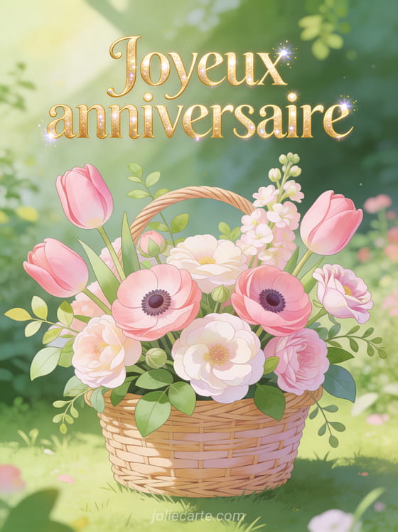 Tulipes roses, anémones et lisianthus dans un panier en osier avec fond de jardin verdoyant et le texte Joyeux anniversaire