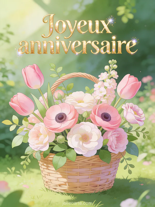 Tulipes roses, anémones et lisianthus dans un panier en osier avec fond de jardin verdoyant et le texte Joyeux anniversaire