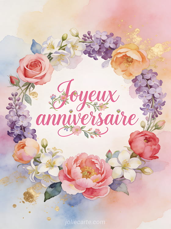 Couronne de fleurs multicolores roses pivoines lilas et jasmin sur fond aquarelle pastel avec le texte Joyeux anniversaire