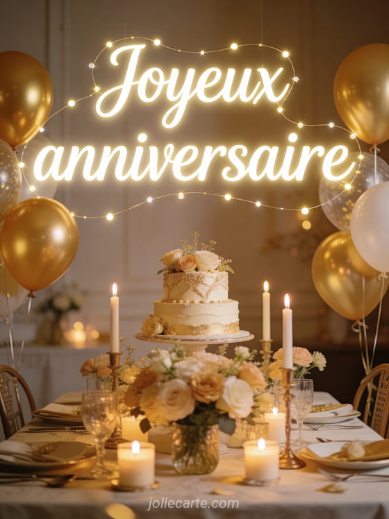 Grande table festive décorée avec ballons dorés, gâteau élégant, fleurs et bougies avec le texte Joyeux anniversaire