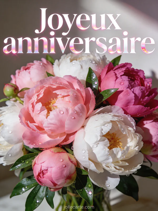 Gros plan sur un bouquet luxueux de pivoines rose vif blanches et fuchsia avec des gouttes de rosée et le texte Joyeux anniversaire