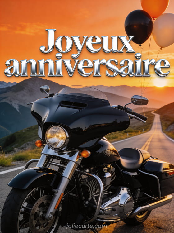 Moto custom noire brillante sur une route de montagne au coucher du soleil avec ballons au guidon et le texte Joyeux anniversaire
