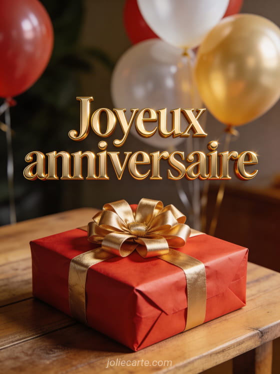 Cadeau emballé dans du papier rouge avec gros noeud doré posé sur une table en bois avec ballons en arrière-plan