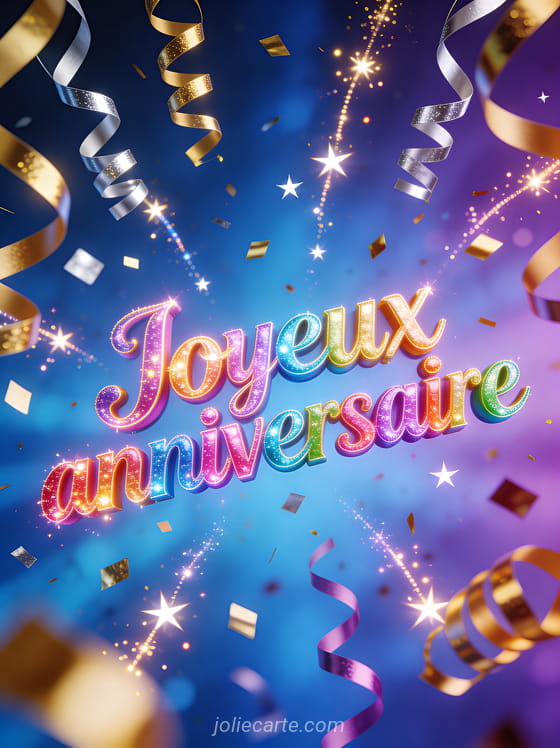 Confettis dorés et argentés avec serpentins et étoiles filantes sur fond festif bleu et violet avec le texte Joyeux anniversaire
