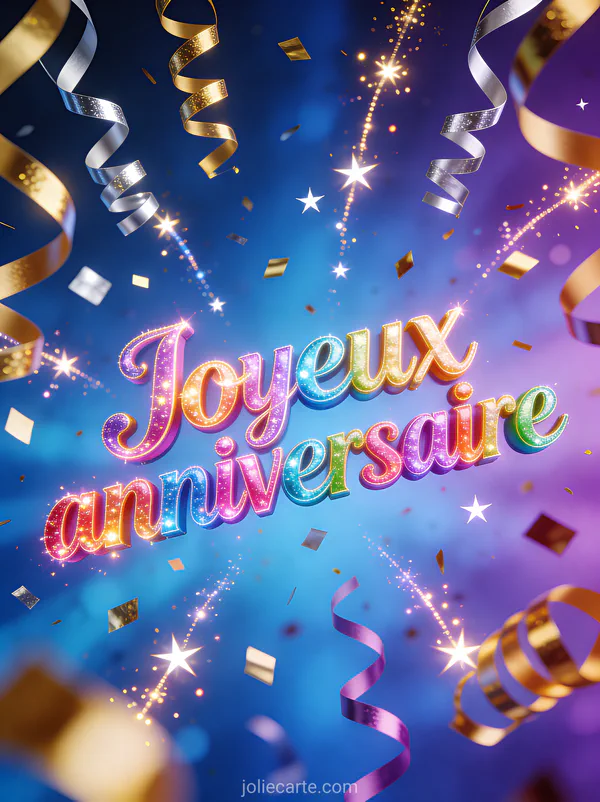 Confettis dorés et argentés avec serpentins et étoiles filantes sur fond festif bleu et violet avec le texte Joyeux anniversaire