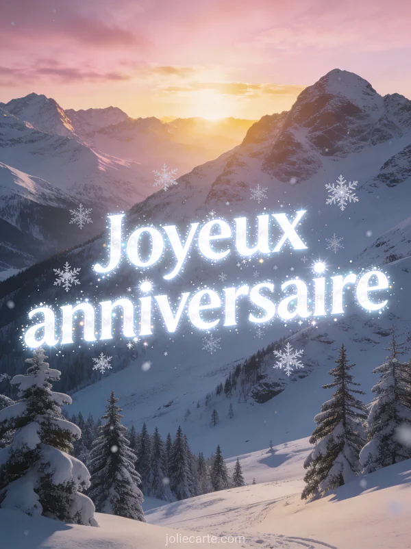 Panorama spectaculaire de montagnes enneigées au lever du soleil avec sapins et ciel rose doré avec le texte Joyeux anniversaire