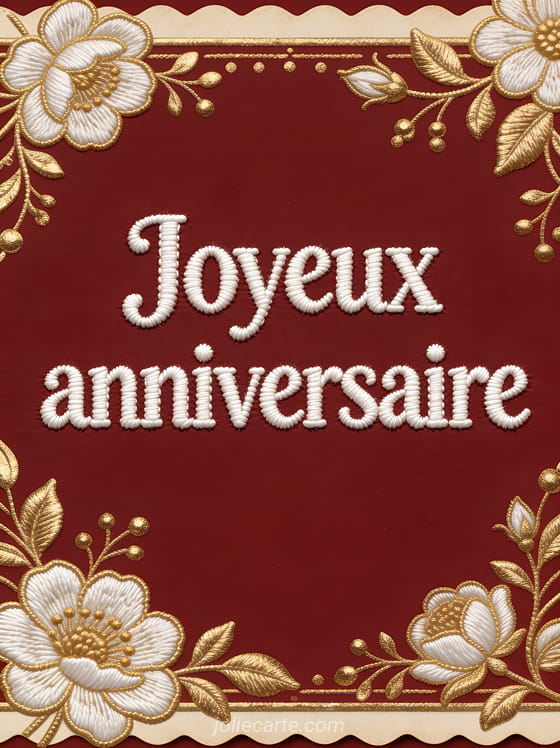 Carte postale vintage bordeaux avec ornements floraux dorés et bordure décorative portant le texte Joyeux anniversaire en lettres brodées