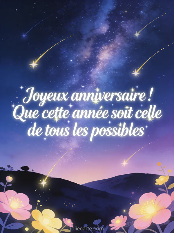 Ciel nocturne avec voie lactée étoiles filantes et colline fleurie lumineuse avec le texte Joyeux anniversaire que cette année soit celle de tous les possibles