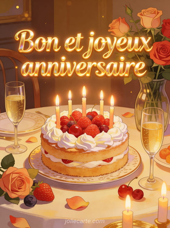 Table festive avec gâteau décoré de chantilly et fruits rouges bougies allumées et verres de champagne avec le texte Bon et joyeux anniversaire