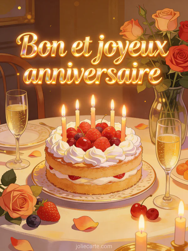Table festive avec gâteau décoré de chantilly et fruits rouges bougies allumées et verres de champagne avec le texte Bon et joyeux anniversaire