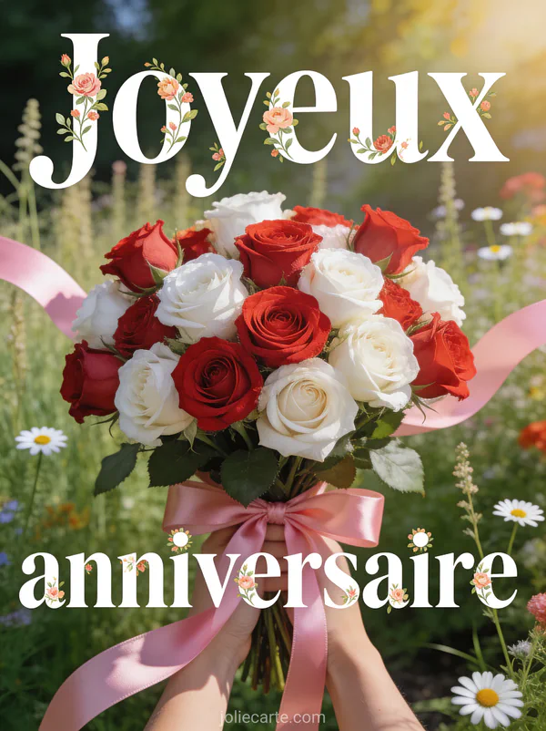 Somptueux bouquet de fleurs roses et blanches avec rubans en satin rose dans un jardin fleuri au soleil